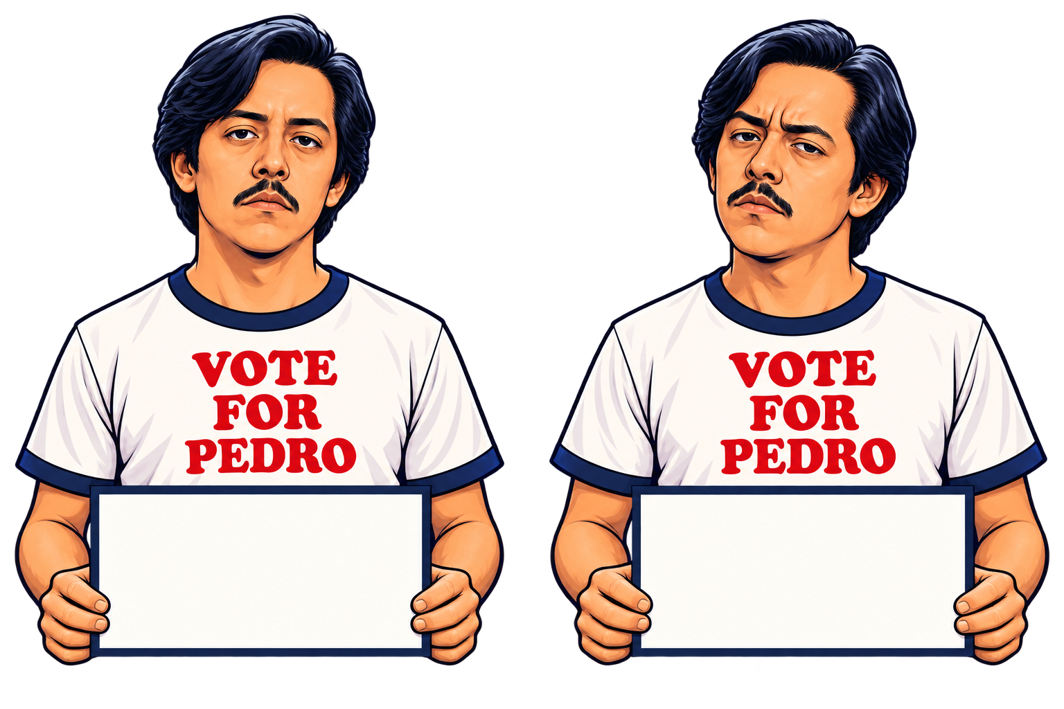Cartoon Pedro wearing a Vote for Pedro shirt, holding a scorecard