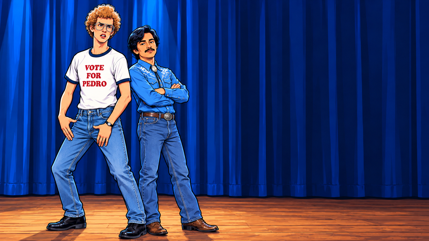 Cartoon Napoleon and Pedro, ready to win over the crowd