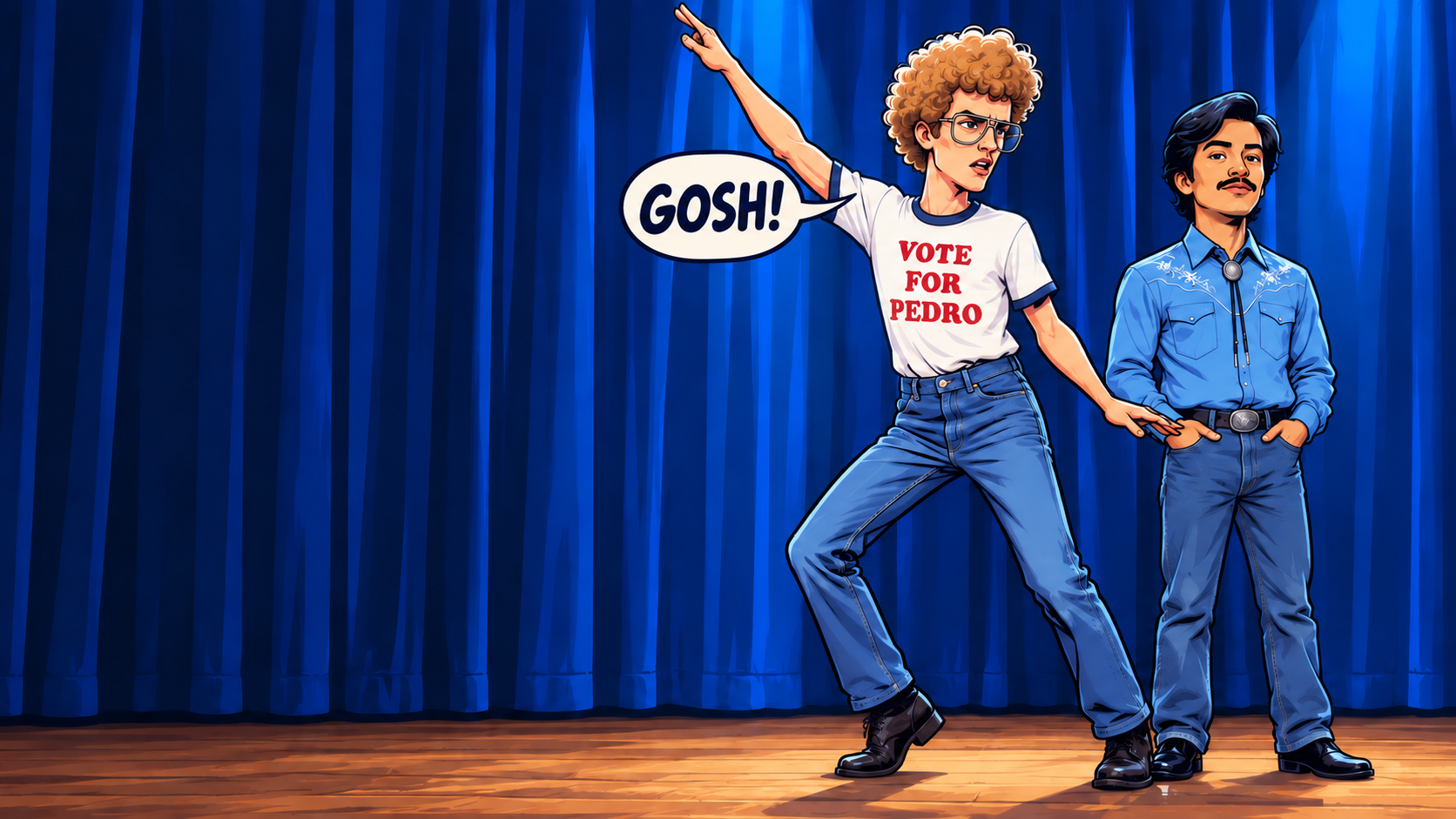 Cartoon Napoleon Dynamite saying GOSH! while dancing beside Pedro on a bright blue school stage